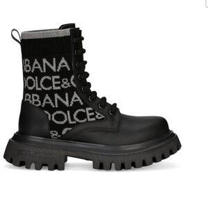 Dolce & Gabbana Black and Gray Knit Logo Combat Boots